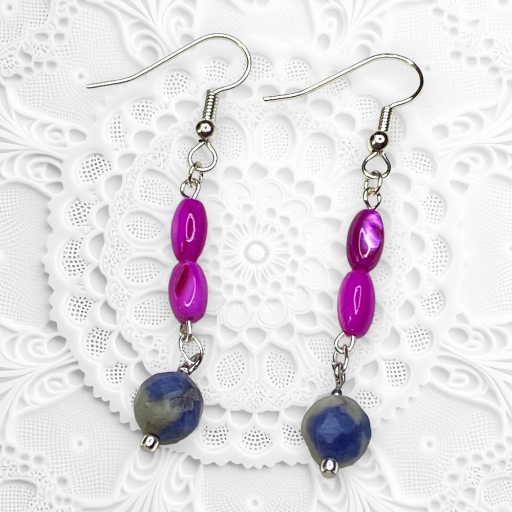 HAND CRAFTED Earrings Fuchsia Mother of Pearl & Sodalite Pink Dangles
